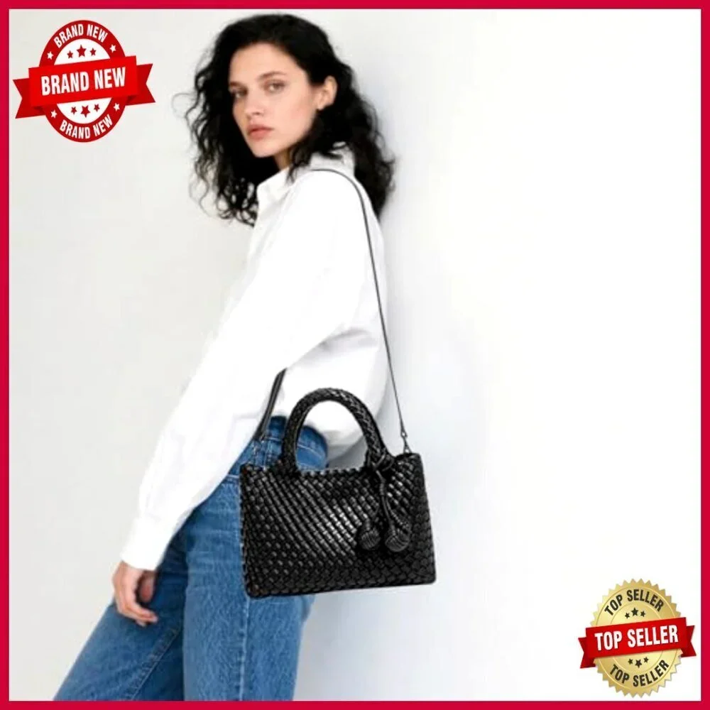 Leather Woven Tote Bag with Clutch, Adjustable Strap, Hobo Style